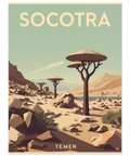 Retro reseposter av Socotra med drakblodsträd, karga berg och texten Yemen i dämpade jordnära toner.