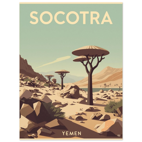 Retro reseposter av Socotra med drakblodsträd, karga berg och texten Yemen i dämpade jordnära toner.
