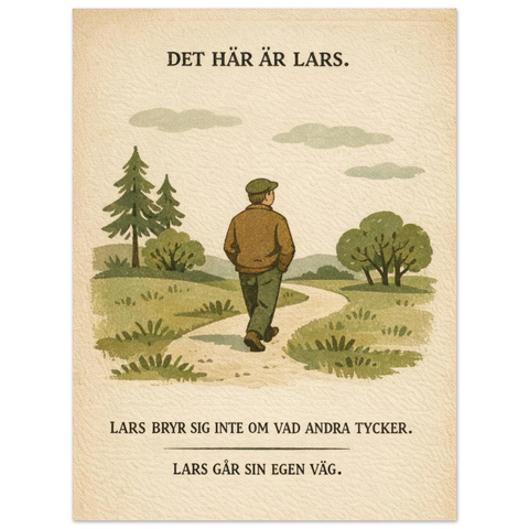 Illustration av en man bakifrån som går på en stig i ett kulligt landskap med granar och texten Det här är Lars.
