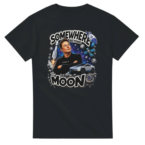 Grafisk illustration av Elon Musk med SpaceX-raket och Cybertruck – rymdinspirerad t-shirt