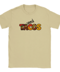 Beige t-shirt med grafisk illustration av taco-kaos i bokstavsform