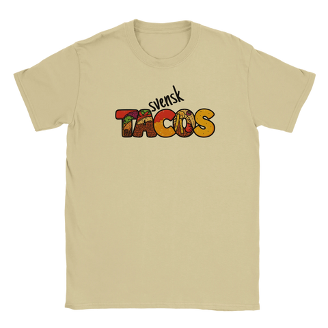 Beige t-shirt med grafisk illustration av taco-kaos i bokstavsform