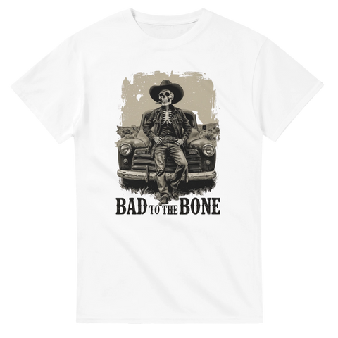 Vintage illustration av skelett-cowboy vid retro bil – grafisk t-shirt
