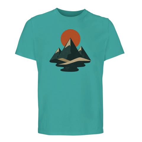 Retro bergssolnedgångstryck på turkos ekologisk t-shirt.