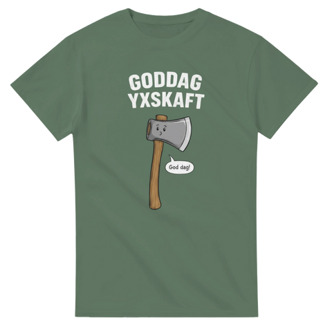 Illustration av en glad yxa med pratbubbla på en olivgrön t-shirt