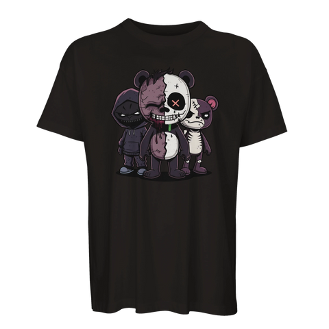 Svart t-shirt med grafiskt motiv av ett gäng trasiga mjukisdjur