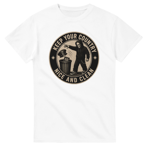 Grafiskt tryck med antifascistisk symbolik och skelettmotiv – t-shirt med budskap