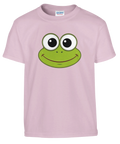 Kermit-ansikte med stora ögon på ljusrosa barntröja.