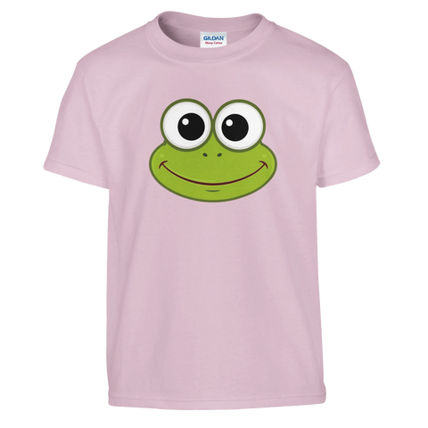 Kermit-ansikte med stora ögon på ljusrosa barntröja.