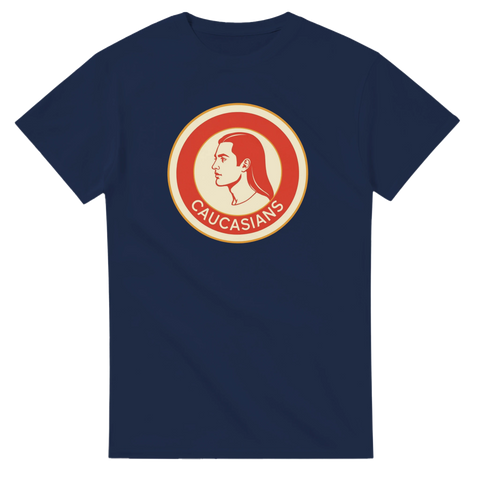 Kaukasisk profil i röd cirkel med text "CAUCASIANS" på marinblå t-shirt, retrostil.