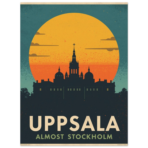 Närbild på en grafisk poster föreställande Uppsala domkyrka och slott i mörkblå silhuett mot en varm orange himmel.