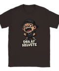 Arg tecknad figur med keps, kedja, text "DRA ÅT HELVETE" på brun t-shirt.