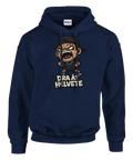 Marinblå hoodie med aggressiv cartoon-karaktär och texten Dra åt helvete