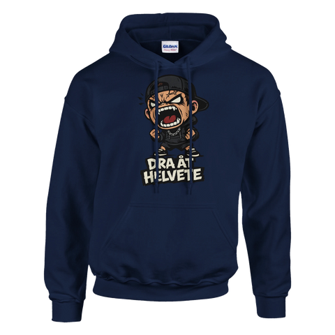 Marinblå hoodie med aggressiv cartoon-karaktär och texten Dra åt helvete