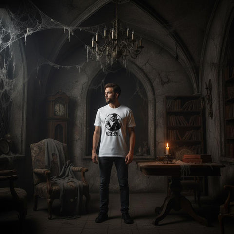 Nosferatu vampyr tryck i svart och vitt på vit t-shirt.