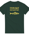 Västkustmotiv med sill och gul text i retrostil – mörkgrön t-shirt