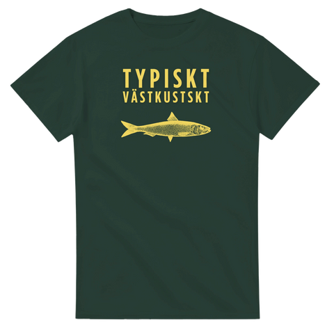 Västkustmotiv med sill och gul text i retrostil – mörkgrön t-shirt