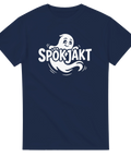 Minimalistisk illustration av ett spöke som svävar genom text – rolig t-shirt