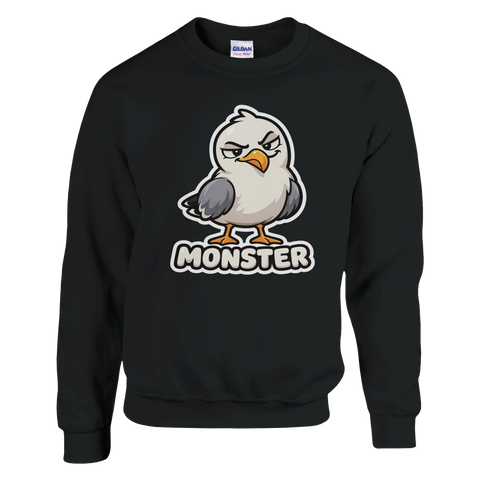 Grafiskt tryck av fiskmås med texten Monster – svart sweatshirt