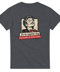 Mörkgrå t-shirt med mansporträtt med fluga och texten ”De sa uppför dig. Jag bajsade på deras altan.”