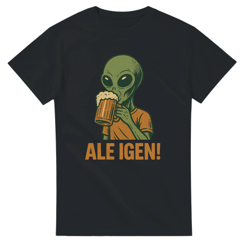 Svart t-shirt med grön utomjording som dricker öl och texten ”Ale igen!”.