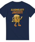 Marinblå t-shirt med tecknad ölsejdel som gör shaka-tecken och texten ”Alkoholist? Javisst!”.