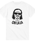 Vit t-shirt med illustration av Amin Boudri och texten Oh Lala i GAIS-humorstil