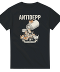Rolig t-shirt med motiv av katter som rinner ut ur burk och texten ANTIDEPP
