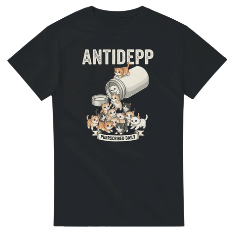 Rolig t-shirt med motiv av katter som rinner ut ur burk och texten ANTIDEPP