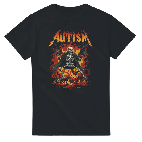Autism t-shirt med skelett och eld i metalstil – svart