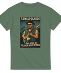 Grön t-shirt med illustration av musiker och texten ”Axwald Ölröde – The King of Pilsner Rock’n’Roll”.