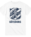 Vintage-inspirerat Göteborgs stadsvapen med dödskalle-lejon på vit t-shirt