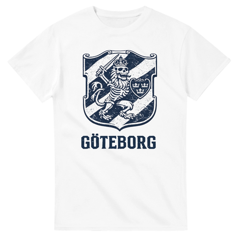 Vintage-inspirerat Göteborgs stadsvapen med dödskalle-lejon på vit t-shirt