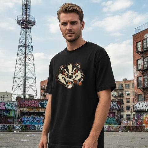 Billy Badger-motiv med arg grävling som röker cigarr på svart oversized ekologisk t-shirt.