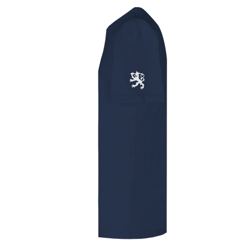 Finsk lejonvapen-design i vitt på marinblå premium t-shirt.
