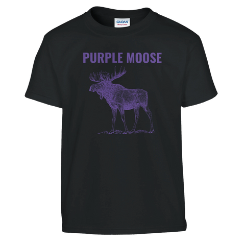 Lila älg med stora horn och texten Purple Moose – grafisk t-shirt