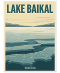 Illustration av Bajkalsjön i vintertid med geometriska isflak, kalla blå toner och minimalistisk grafisk design.