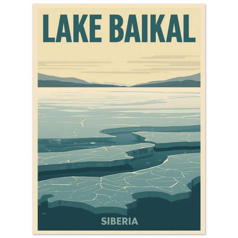 Illustration av Bajkalsjön i vintertid med geometriska isflak, kalla blå toner och minimalistisk grafisk design.