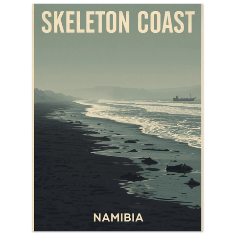 Närbild på en travel poster med texten Skeleton Coast och Namibia i dämpade blågrå toner och stram minimalistisk design.