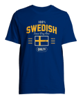 Vintage-inspirerat motiv med gult tryck och Sveriges flagga på bröstet
