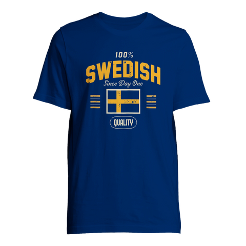 Vintage-inspirerat motiv med gult tryck och Sveriges flagga på bröstet