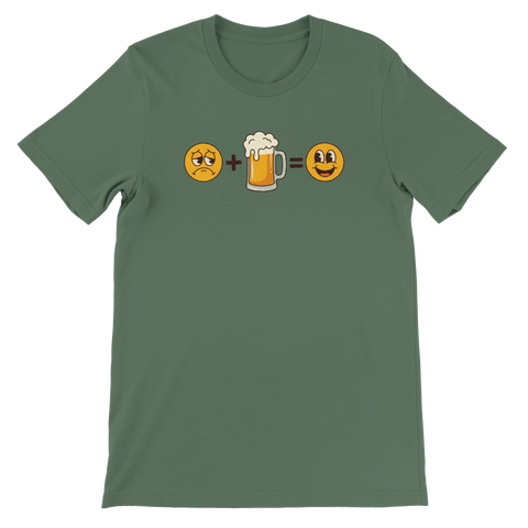 Grön t-shirt med smileys och en ölsejdel som bildar en ekvation.