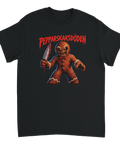 Svart t-shirt med en skräckinspirerad pepparkaksfigur och texten Pepparkaksdöden.