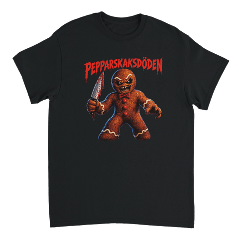 Svart t-shirt med en skräckinspirerad pepparkaksfigur och texten Pepparkaksdöden.
