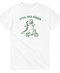 Humoristisk illustration av en T-Rex på cykel – grafisk t-shirt
