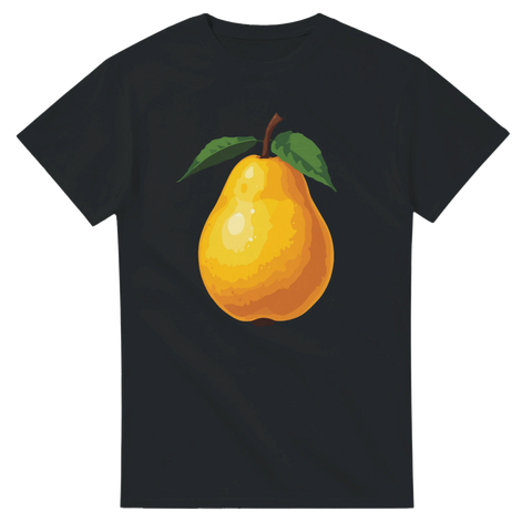Gult päron med gröna blad på svart t-shirt.