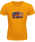Gul barn-t-shirt med en brandbil och färgstänk