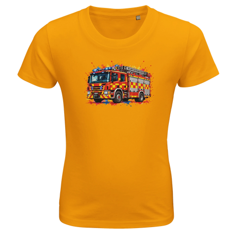 Gul barn-t-shirt med en brandbil och färgstänk