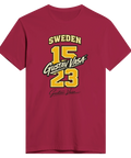 Vinröd t-shirt med grafiskt Gustav Vasa-tryck i varsity-stil