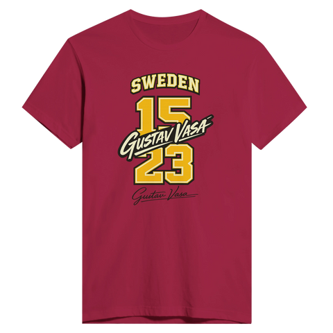 Vinröd t-shirt med grafiskt Gustav Vasa-tryck i varsity-stil